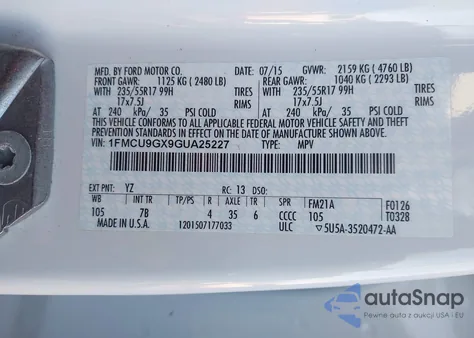 2016 Ford Escape Se из США, поврежденный, VIN 1FMCU9GX9GUA25227